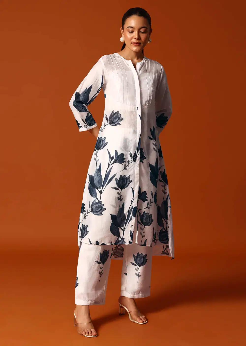 White And Grey Floral Printed Crop Top Palazzo Ensemble