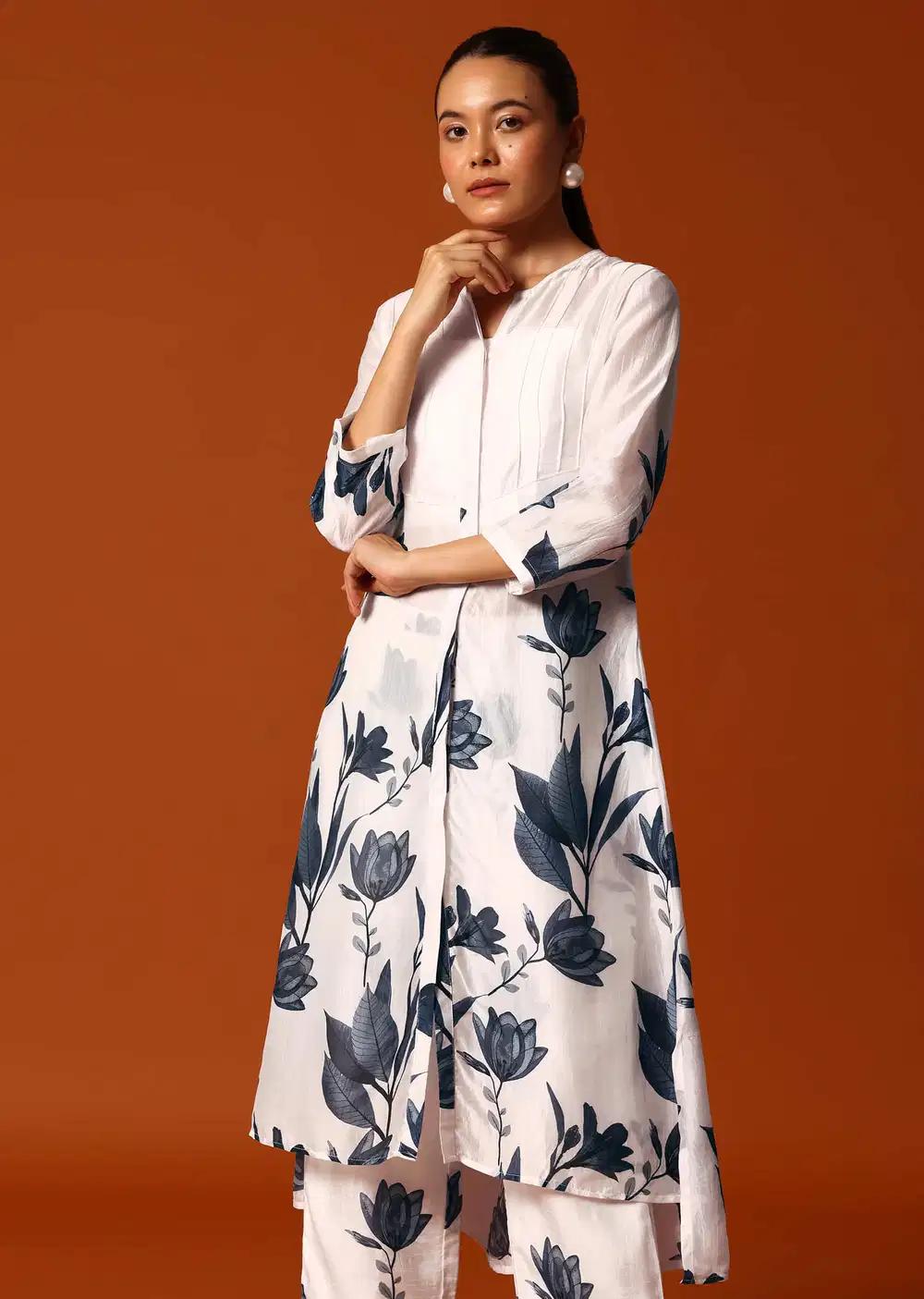 White And Grey Floral Printed Crop Top Palazzo Ensemble