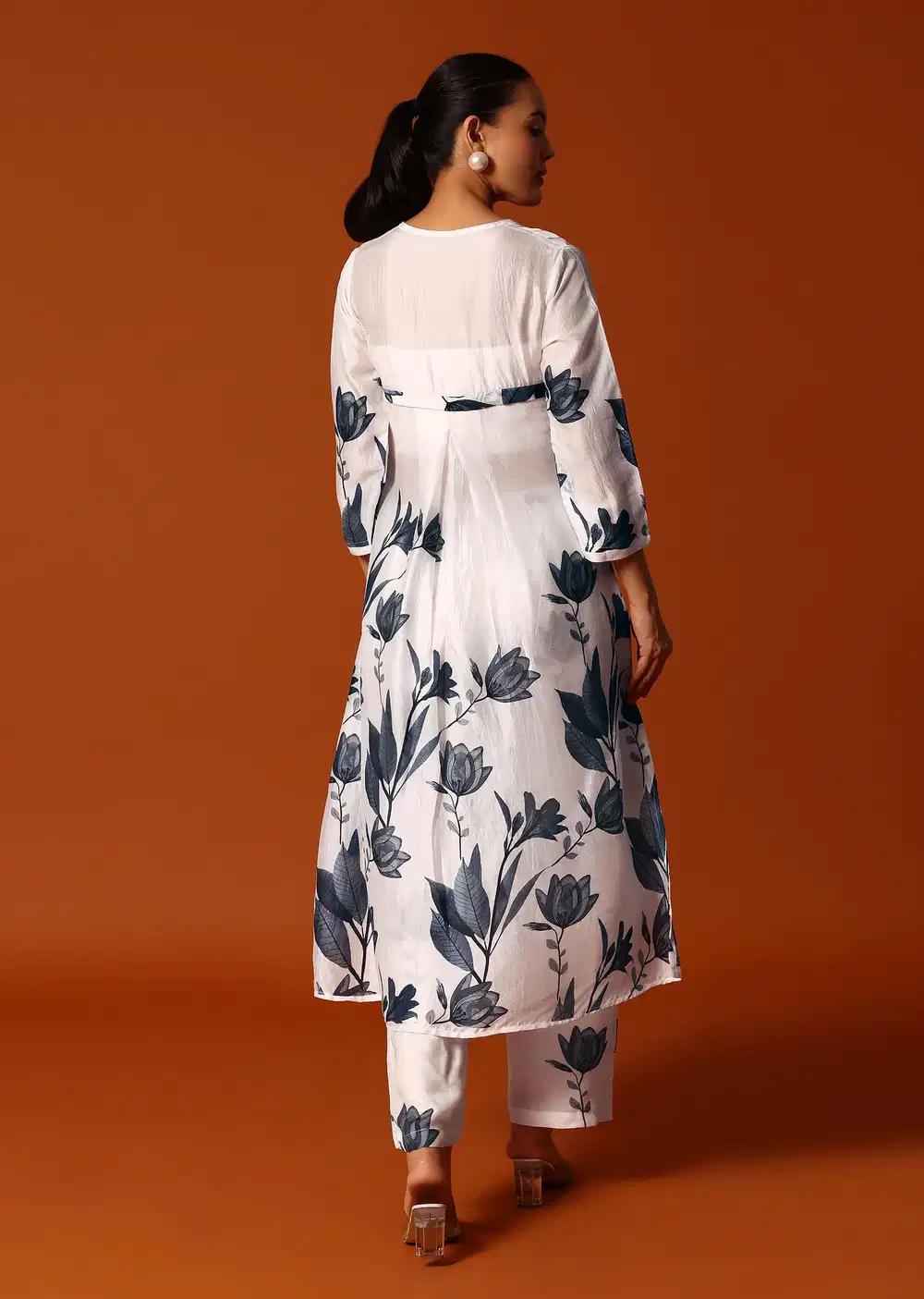 White And Grey Floral Printed Crop Top Palazzo Ensemble
