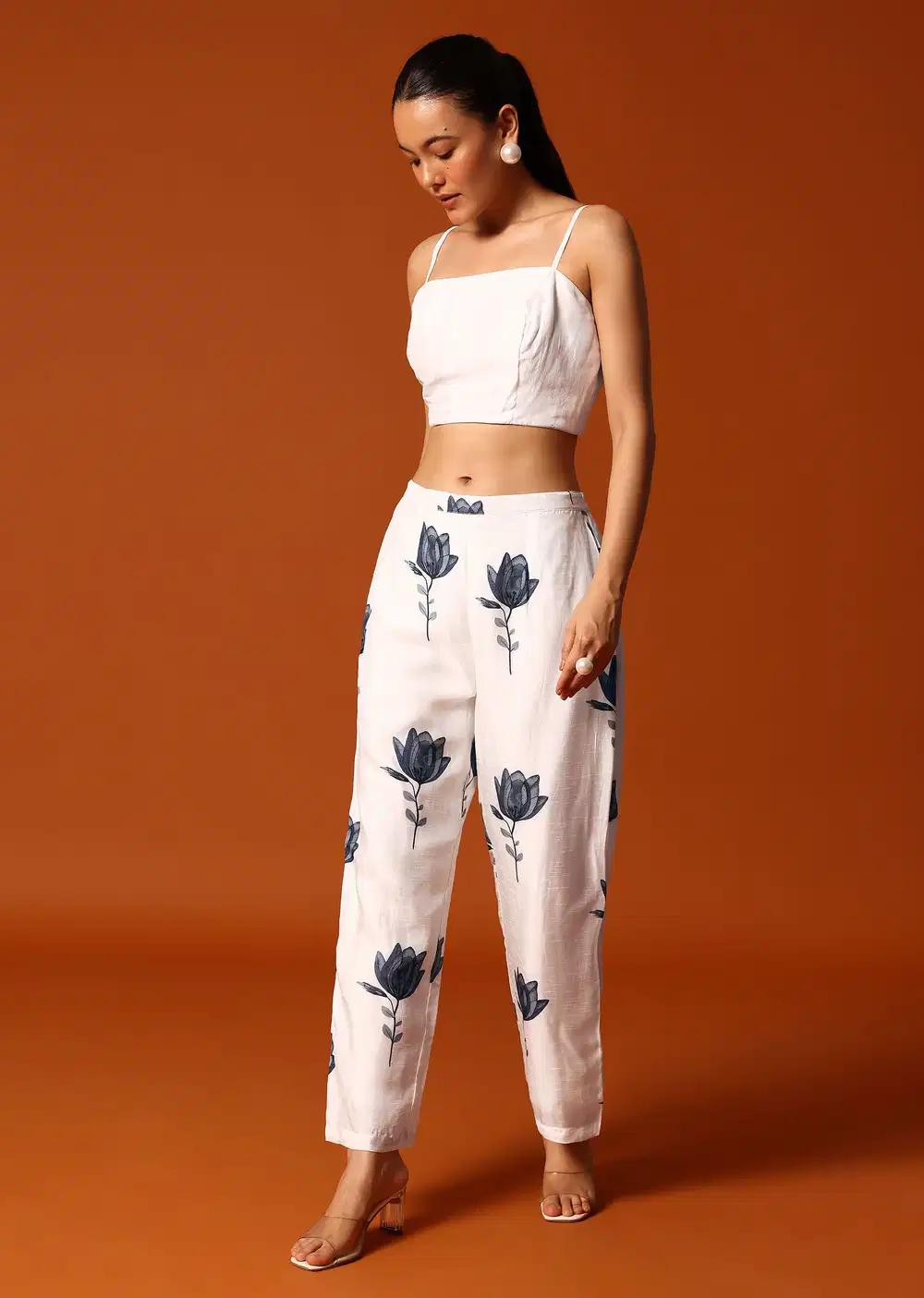 White And Grey Floral Printed Crop Top Palazzo Ensemble