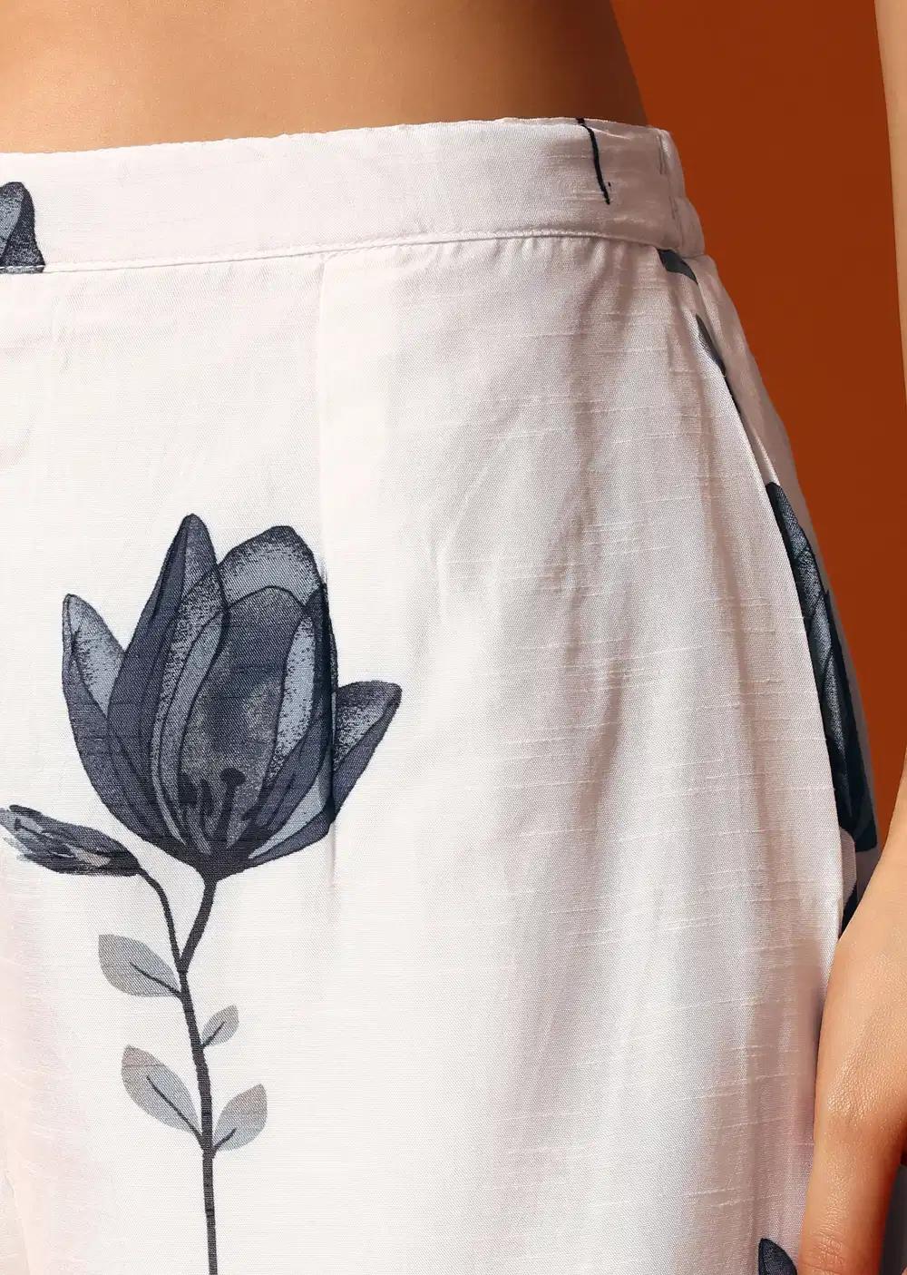 White And Grey Floral Printed Crop Top Palazzo Ensemble