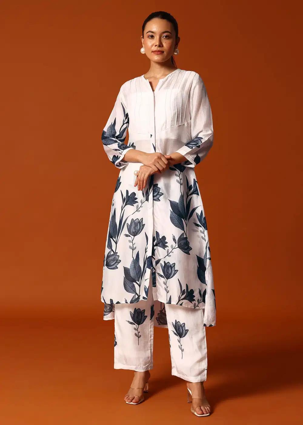 White And Grey Floral Printed Crop Top Palazzo Ensemble