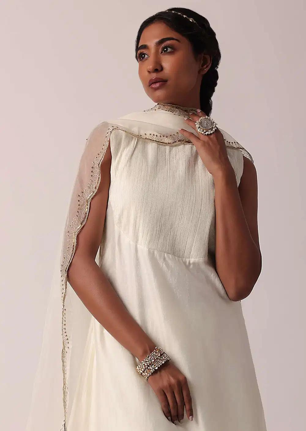 White Cotton Palazzo Ensemble With A Line Kurta Outfit