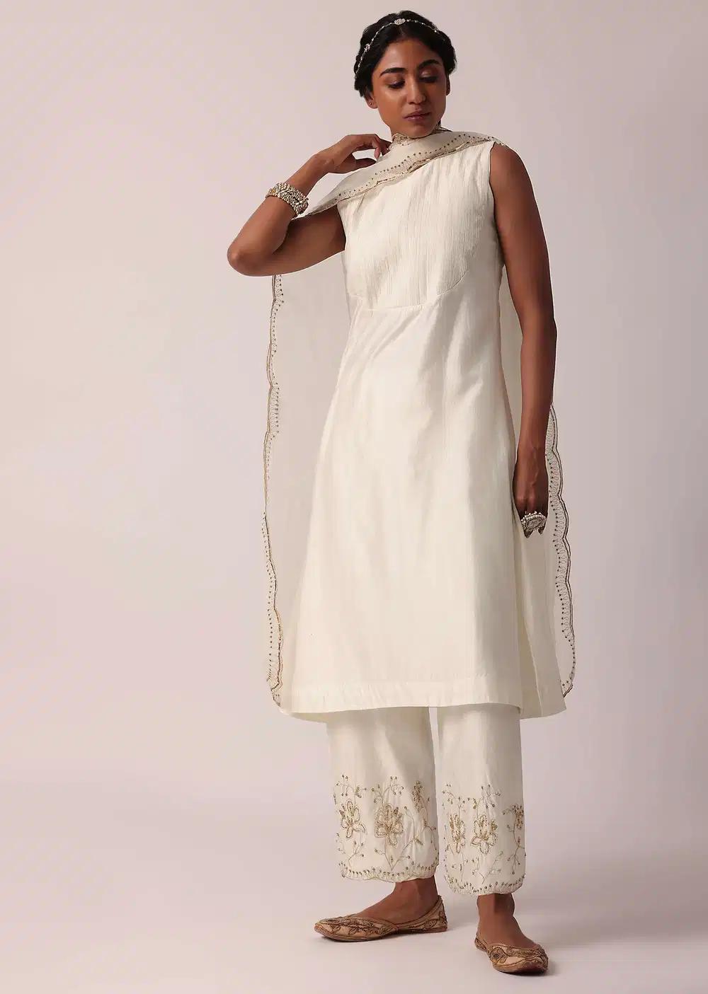White Cotton Palazzo Ensemble With A Line Kurta Outfit