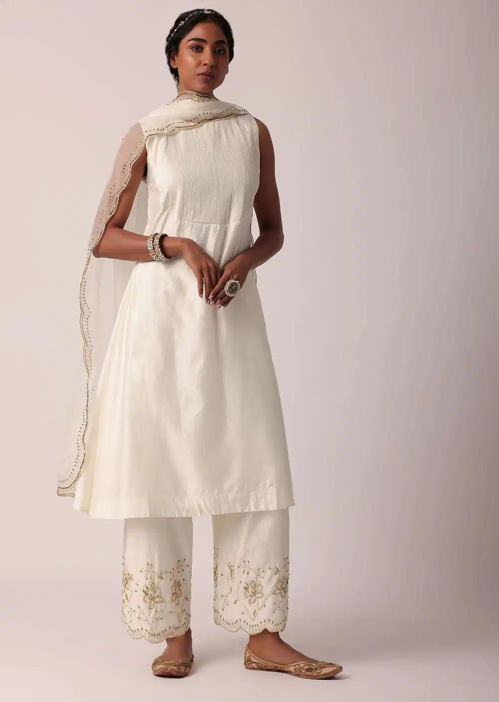 White Cotton Palazzo Ensemble With A Line Kurta Outfit