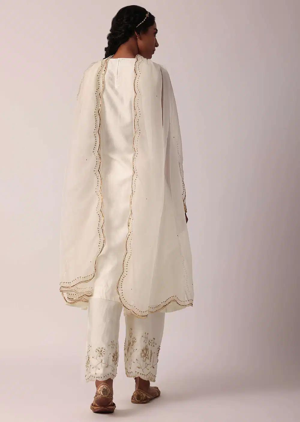 White Cotton Palazzo Ensemble With A Line Kurta Outfit