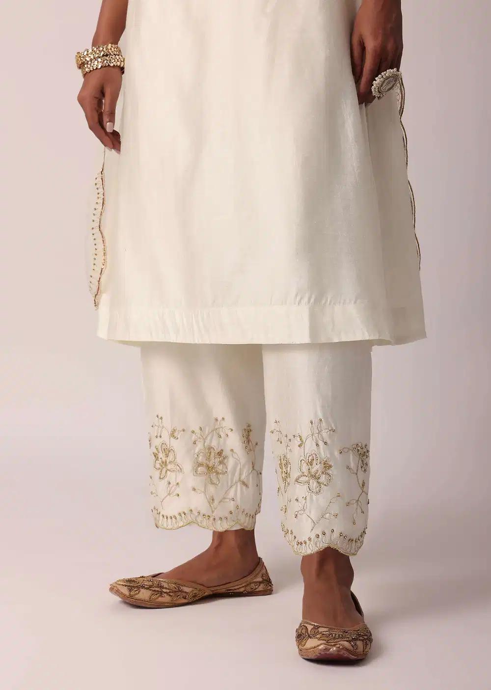 White Cotton Palazzo Ensemble With A Line Kurta Outfit