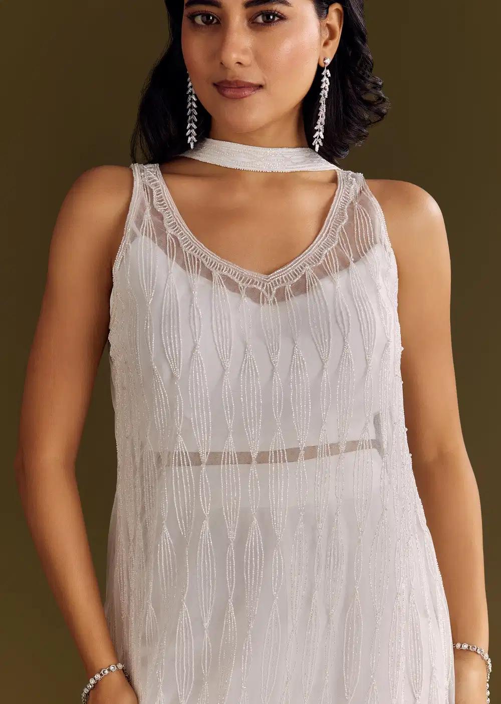 White Crepe Kurta Ensemble With Net Choker Style Dupatta Outfit