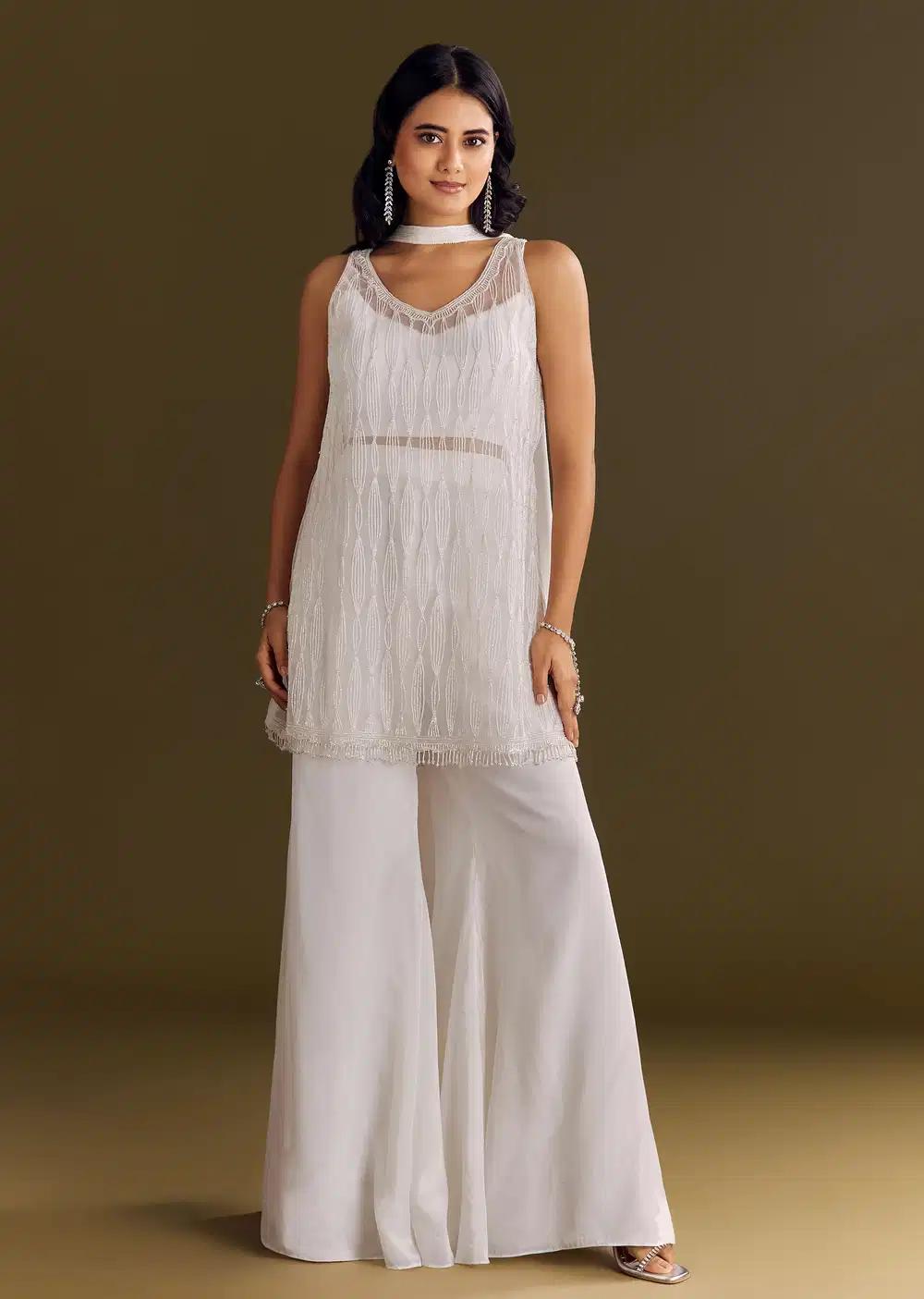 White Crepe Kurta Ensemble With Net Choker Style Dupatta Outfit