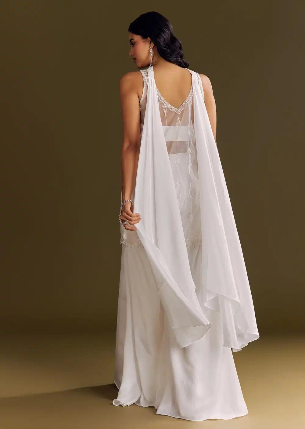 White Crepe Kurta Ensemble With Net Choker Style Dupatta Outfit