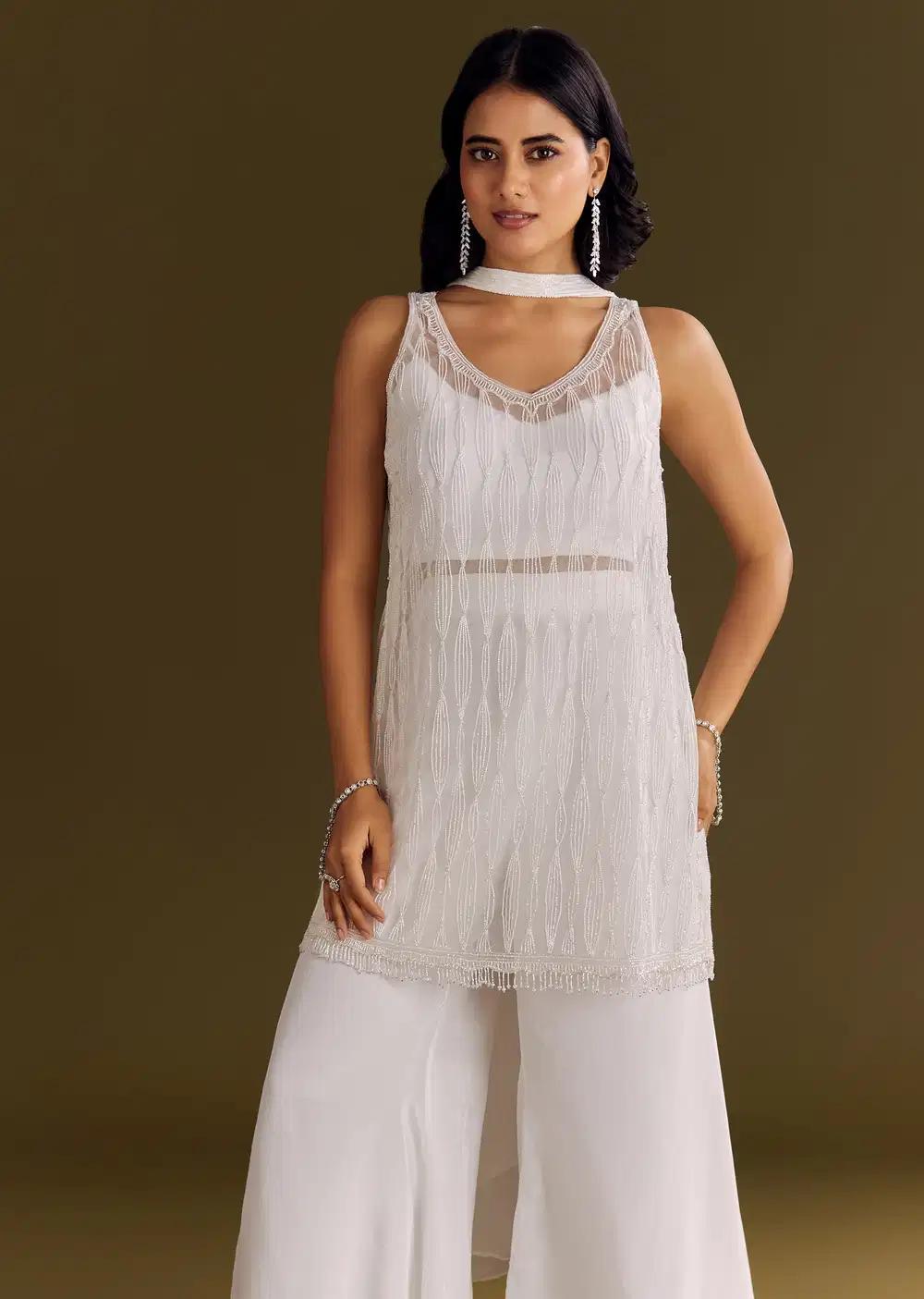 White Crepe Kurta Ensemble With Net Choker Style Dupatta Outfit