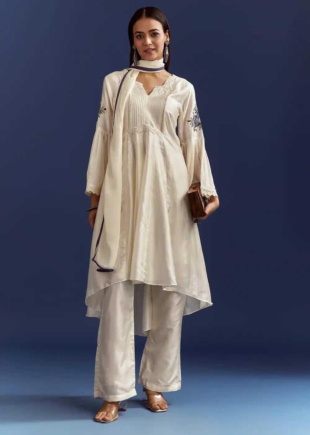 White High Low Kurta With Cut Dana Beads And Applique Work In Fuji Silk Outfit