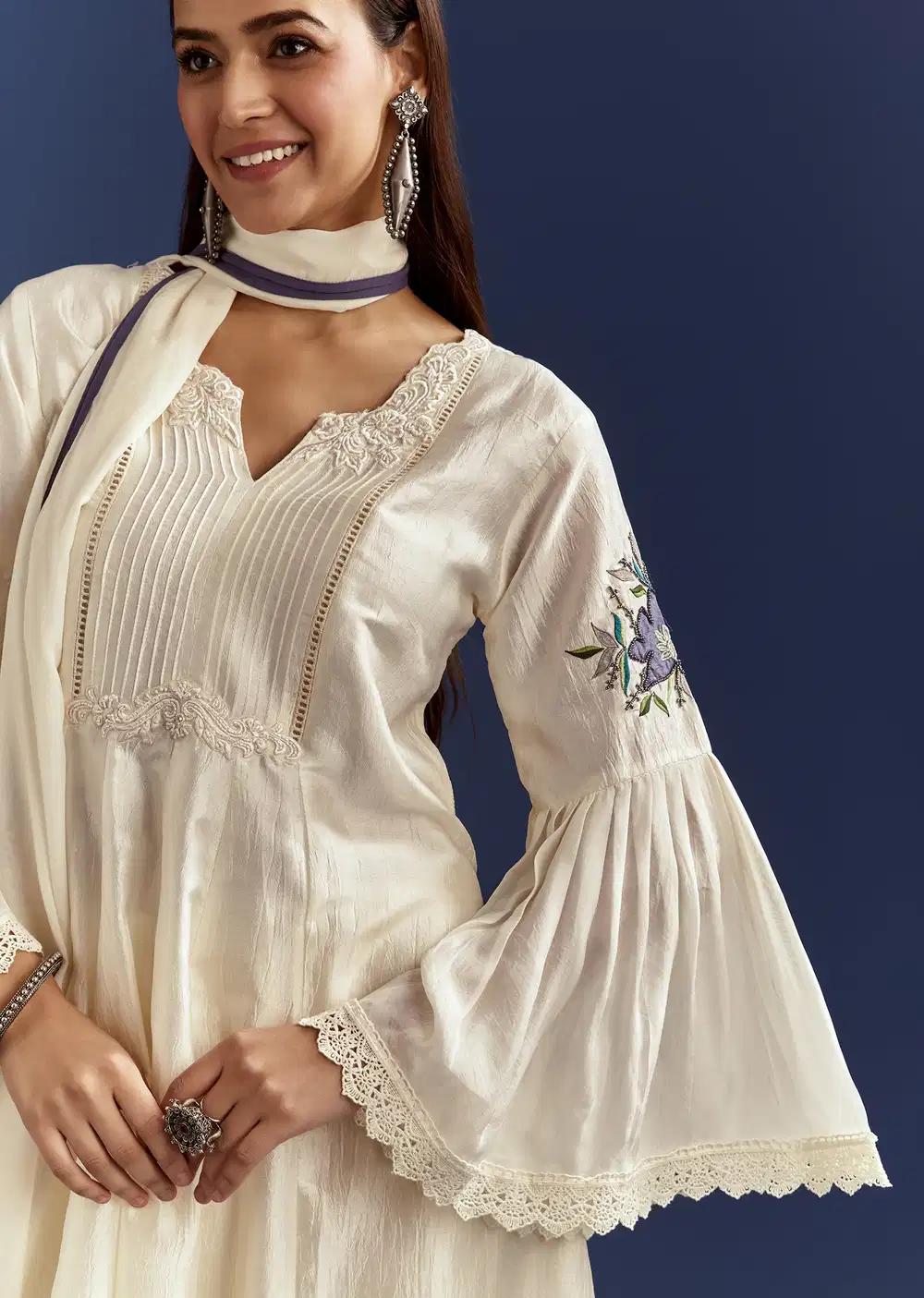 White High Low Kurta With Cut Dana Beads And Applique Work In Fuji Silk Outfit