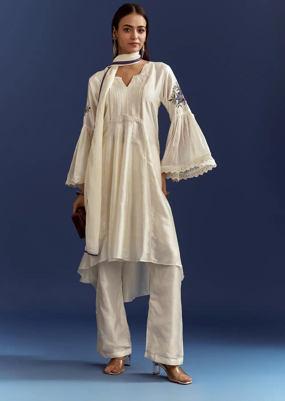 White High Low Kurta With Cut Dana Beads And Applique Work In Fuji Silk Outfit