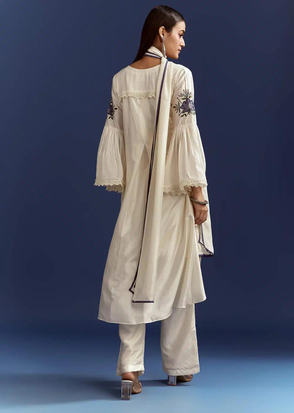 White High Low Kurta With Cut Dana Beads And Applique Work In Fuji Silk Outfit