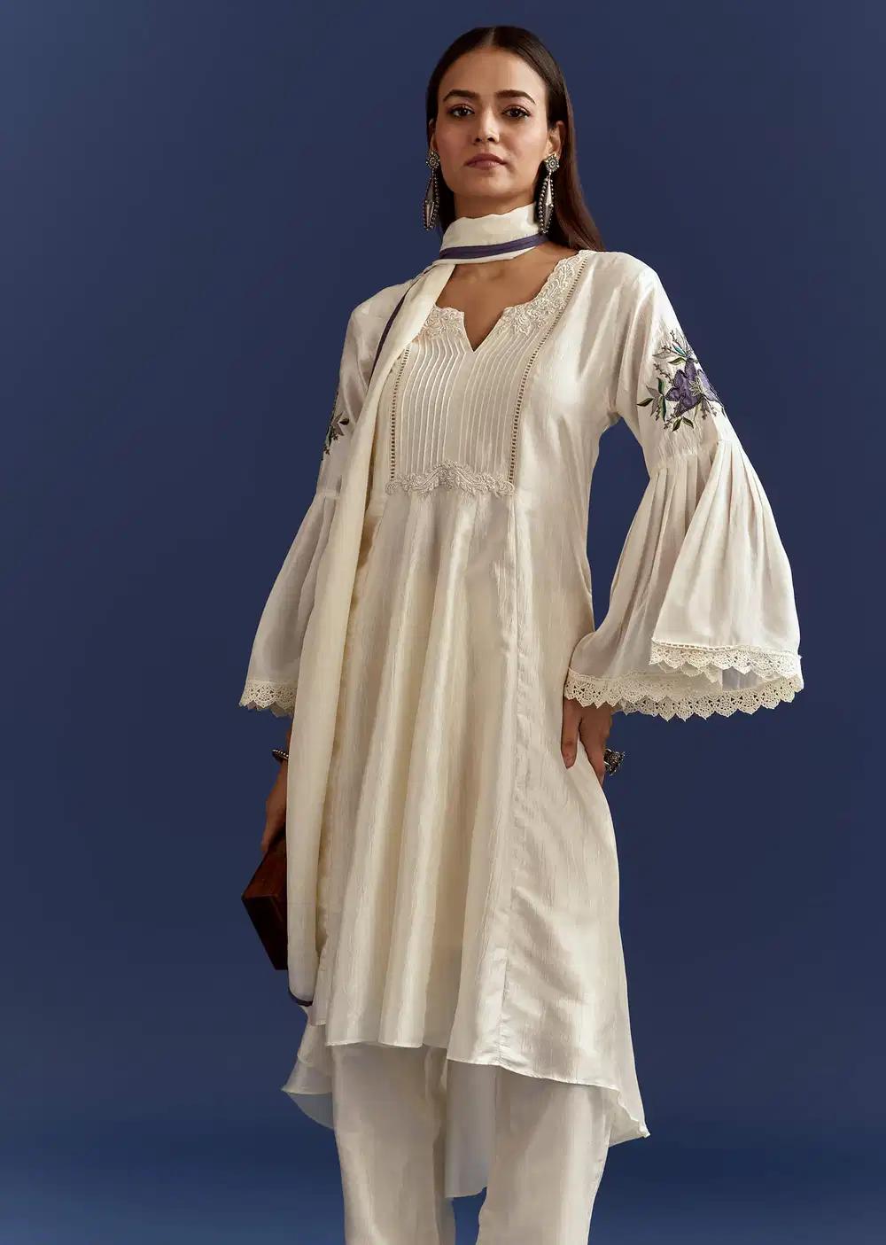 White High Low Kurta With Cut Dana Beads And Applique Work In Fuji Silk Outfit