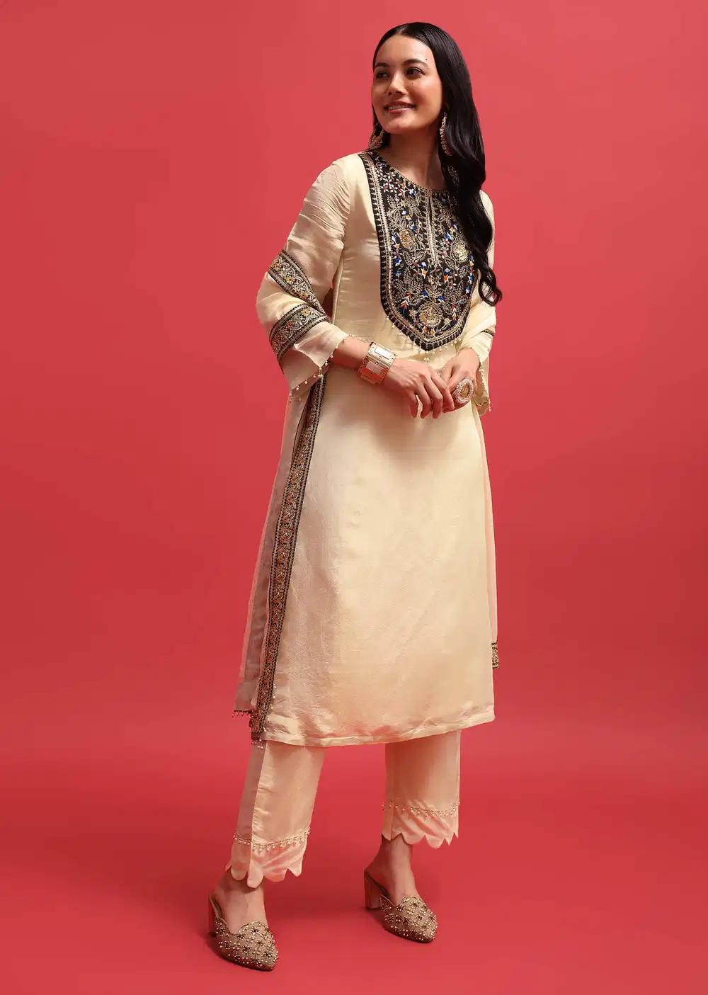 White Sequin Embroidered Tissue Kurta Ensemble With Dupatta Outfit