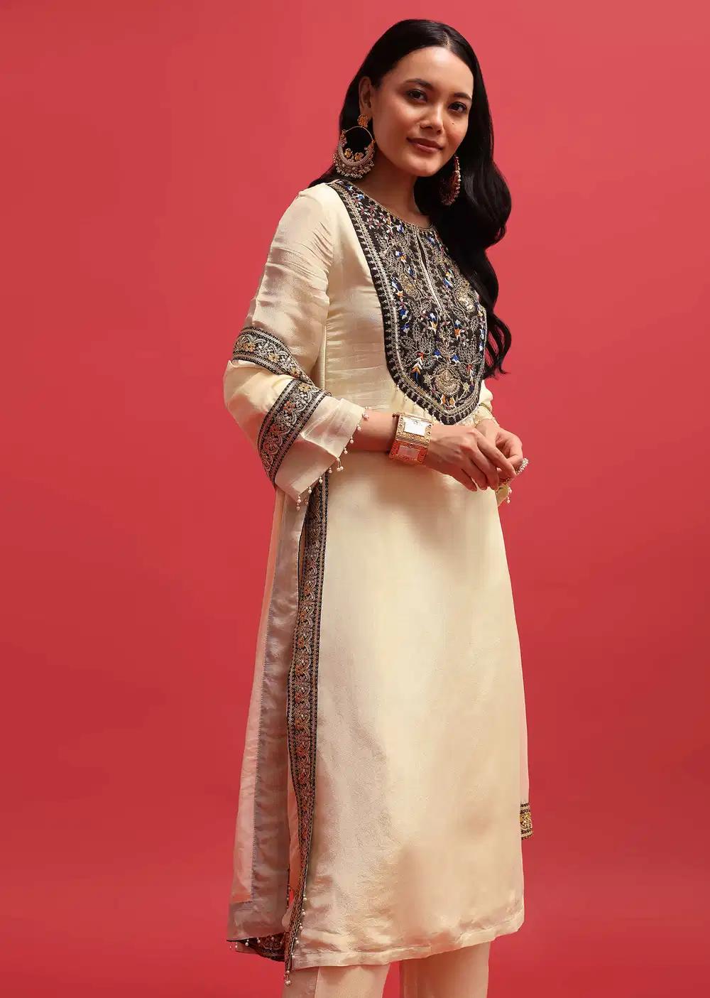 White Sequin Embroidered Tissue Kurta Ensemble With Dupatta Outfit
