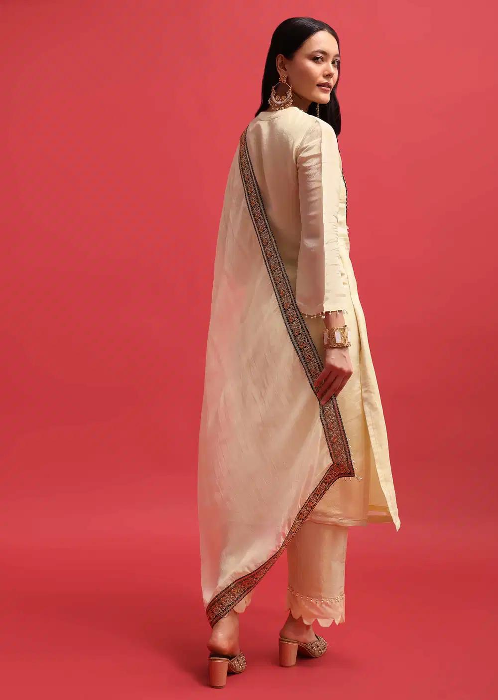 White Sequin Embroidered Tissue Kurta Ensemble With Dupatta Outfit