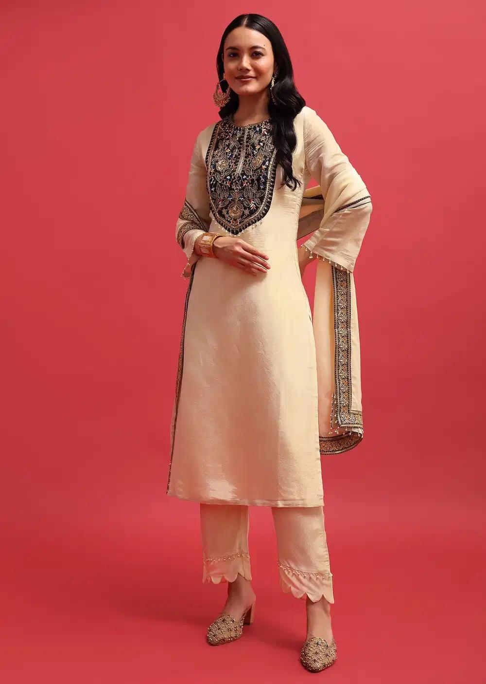 White Sequin Embroidered Tissue Kurta Ensemble With Dupatta Outfit