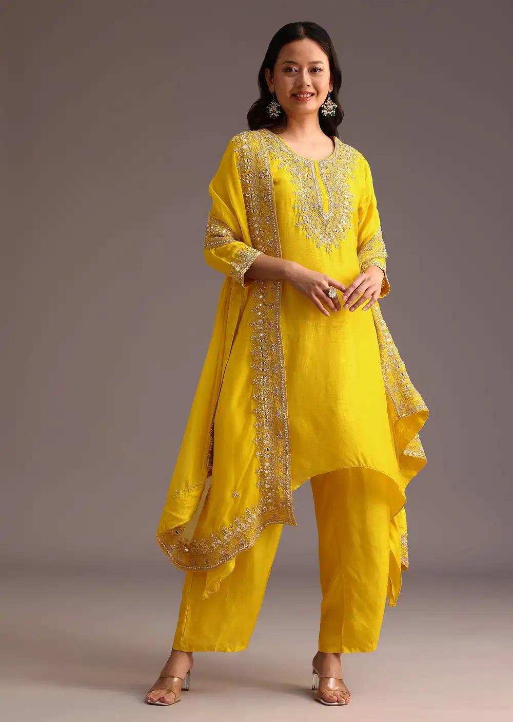 Yellow Embroidered Kurta Ensemble With Chanderi Dupatta Outfit