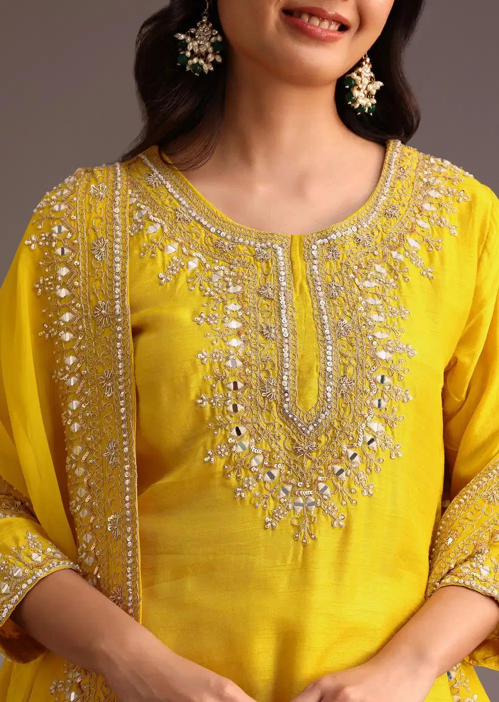 Yellow Embroidered Kurta Ensemble With Chanderi Dupatta Outfit