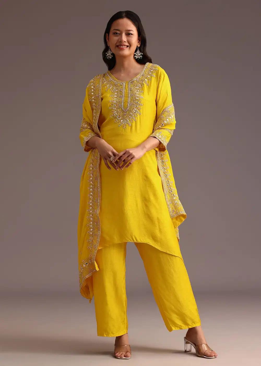 Yellow Embroidered Kurta Ensemble With Chanderi Dupatta Outfit