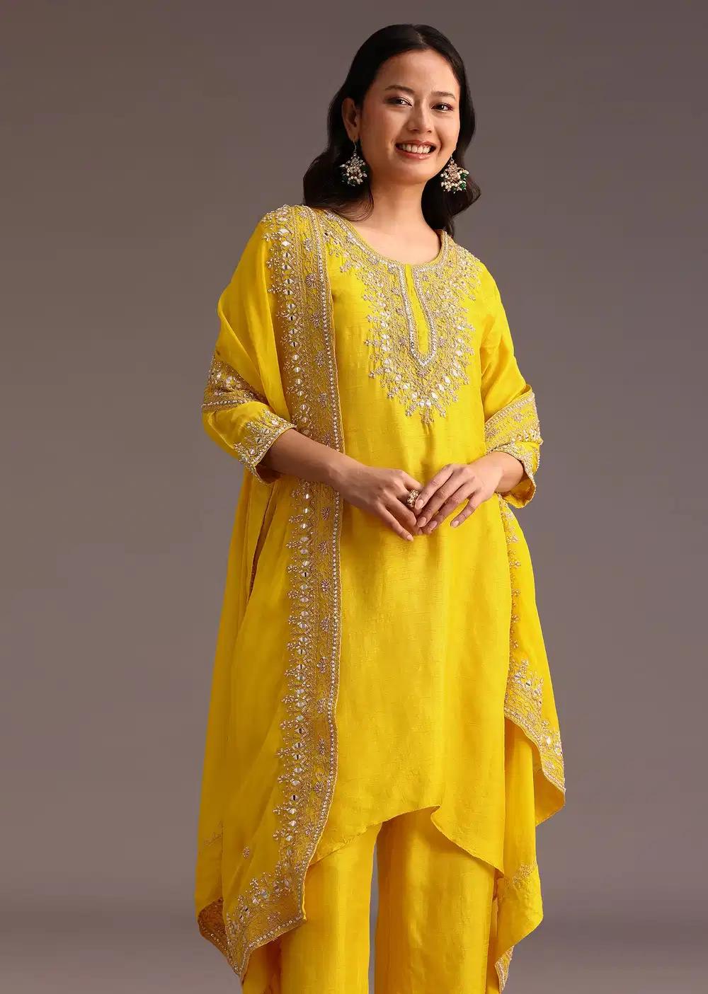 Yellow Embroidered Kurta Ensemble With Chanderi Dupatta Outfit