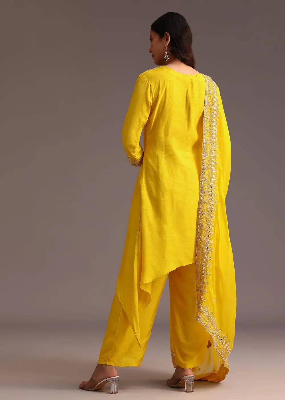 Yellow Embroidered Kurta Ensemble With Chanderi Dupatta Outfit