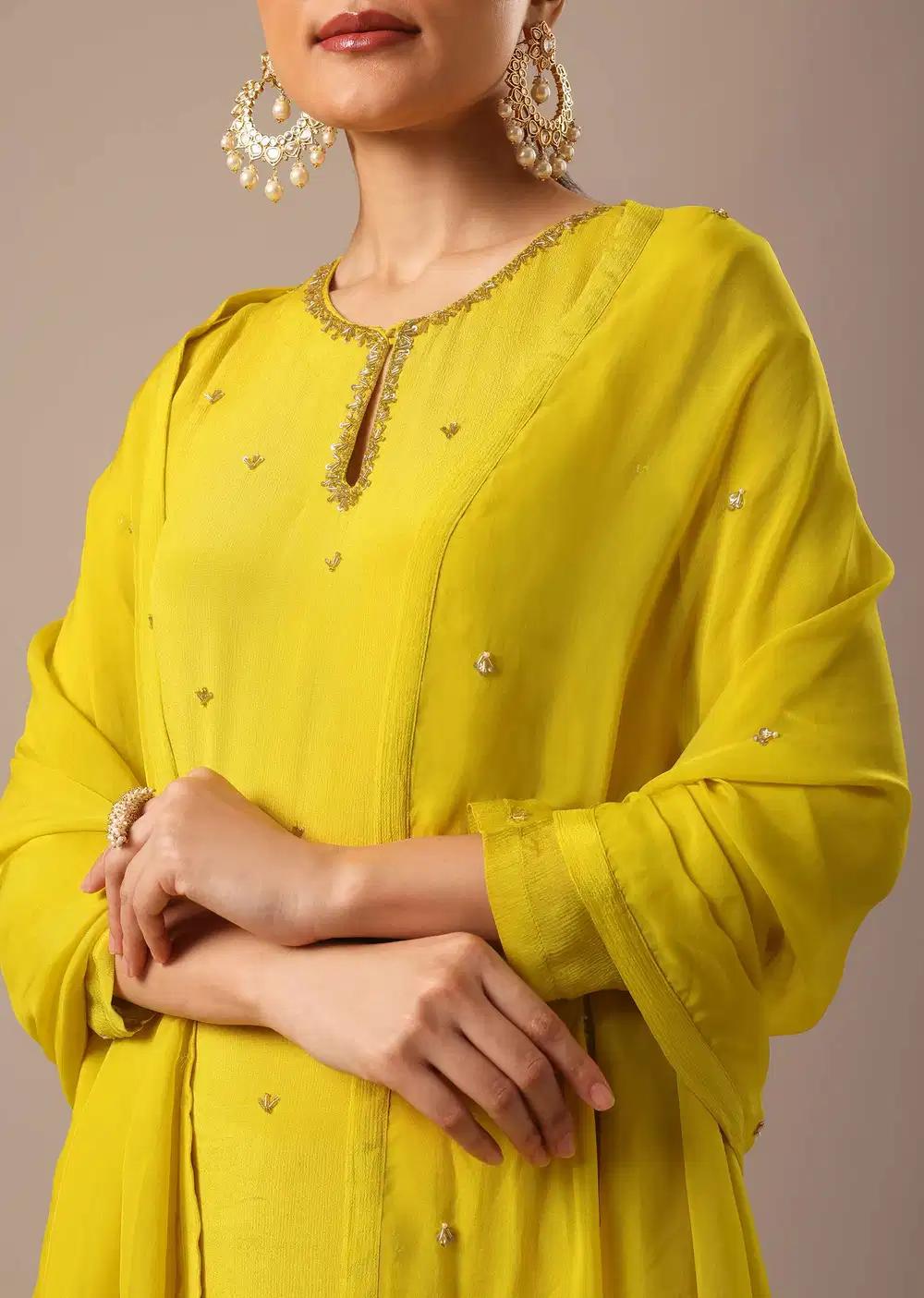 Yellow Embroidered Kurta Ensemble With Organza Dupatta Outfit