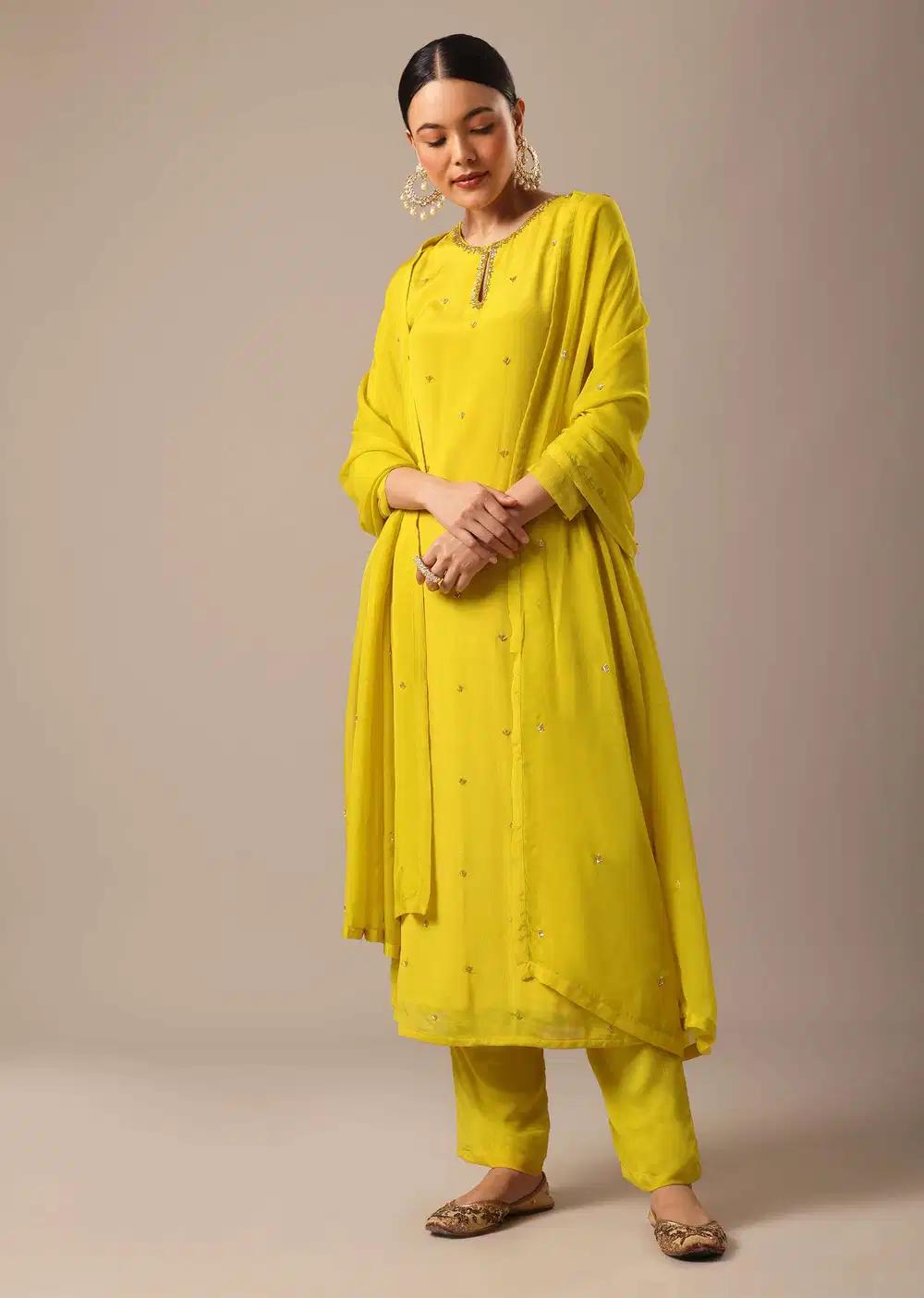 Yellow Embroidered Kurta Ensemble With Organza Dupatta Outfit