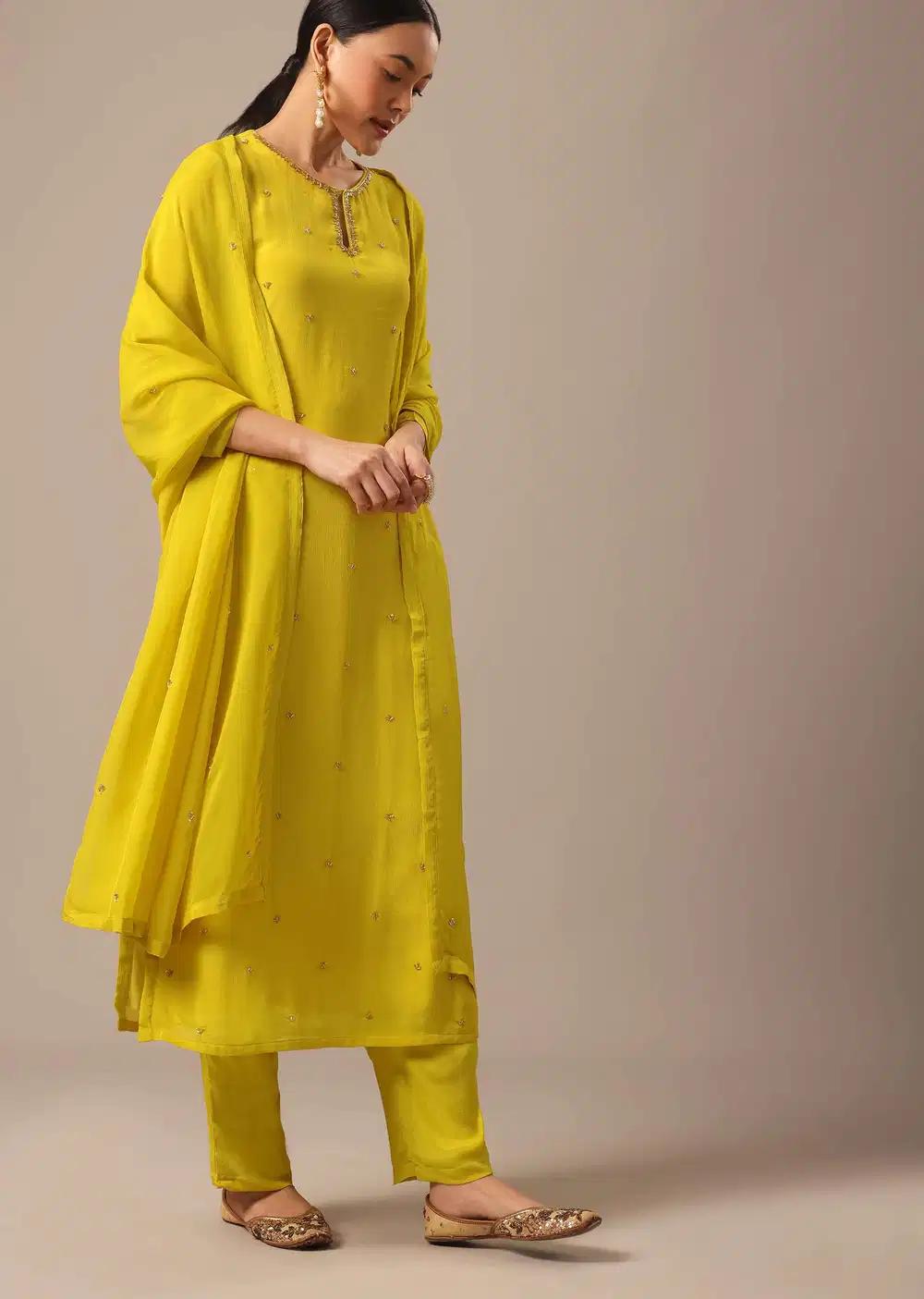 Yellow Embroidered Kurta Ensemble With Organza Dupatta Outfit