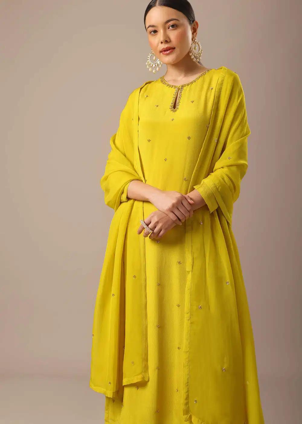 Yellow Embroidered Kurta Ensemble With Organza Dupatta Outfit