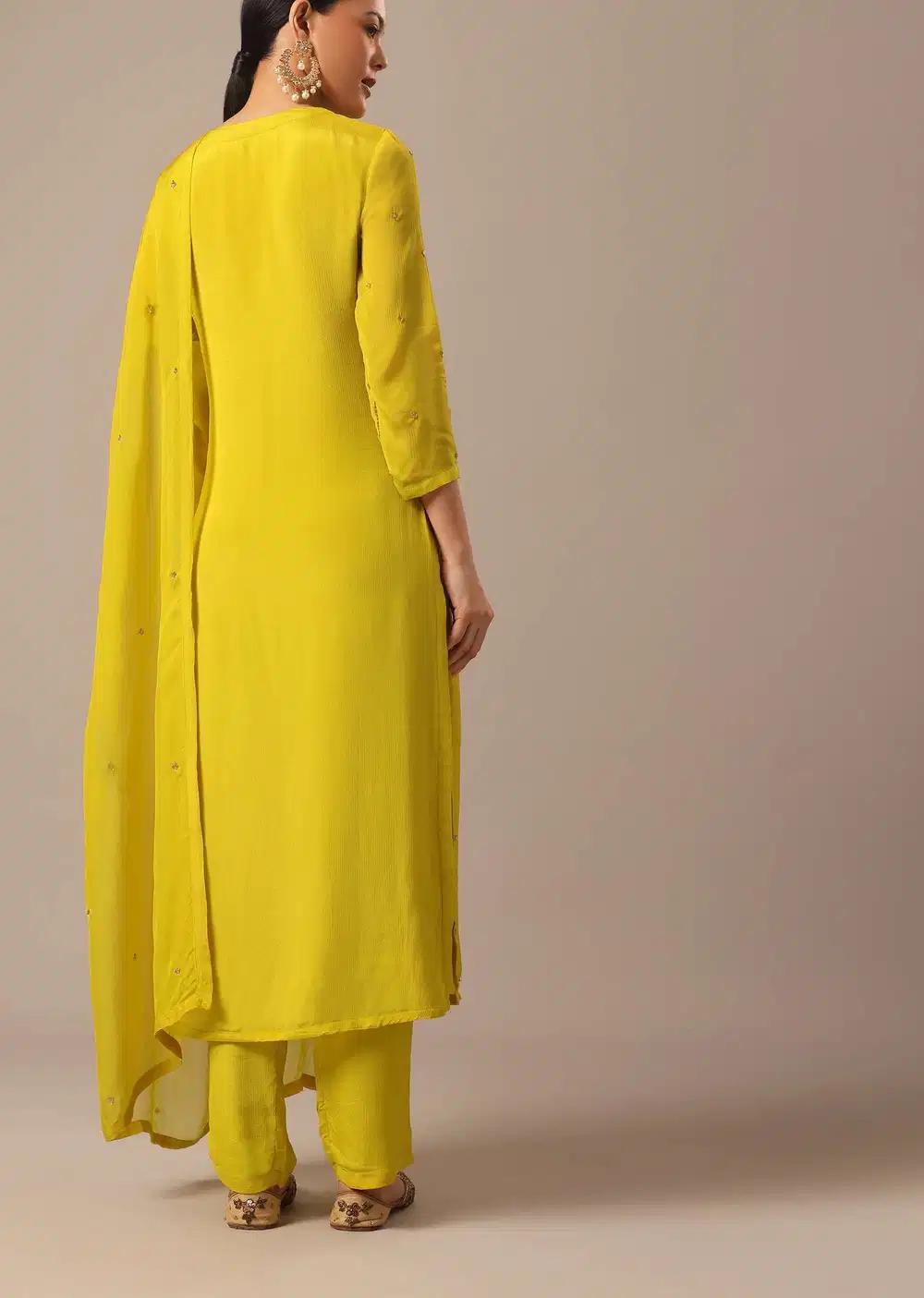 Yellow Embroidered Kurta Ensemble With Organza Dupatta Outfit