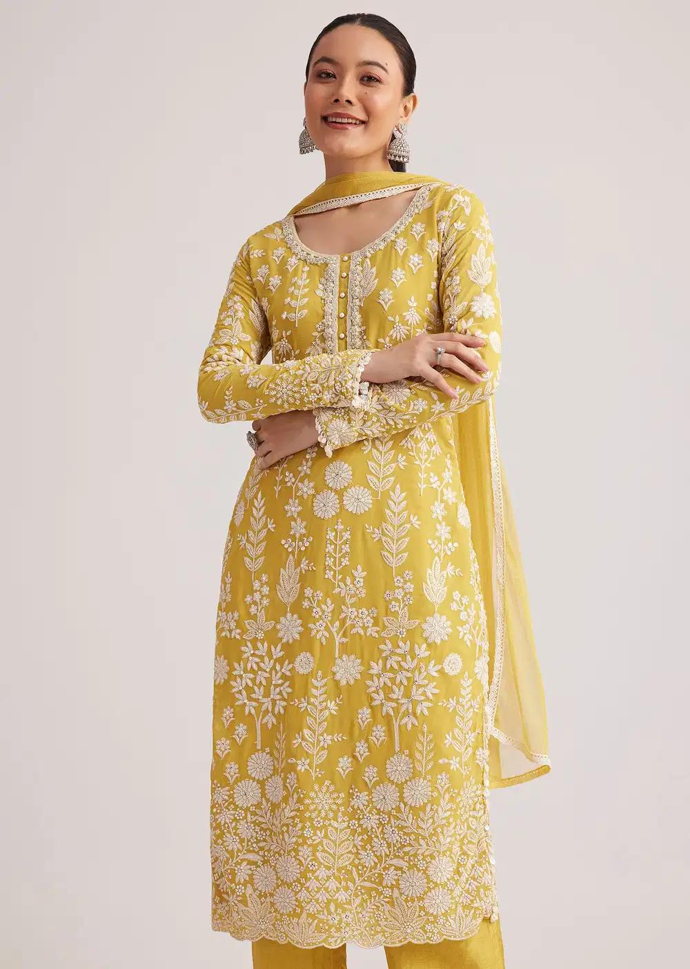 Yellow Embroidered Kurta Pant And Dupatta Ensemble Outfit