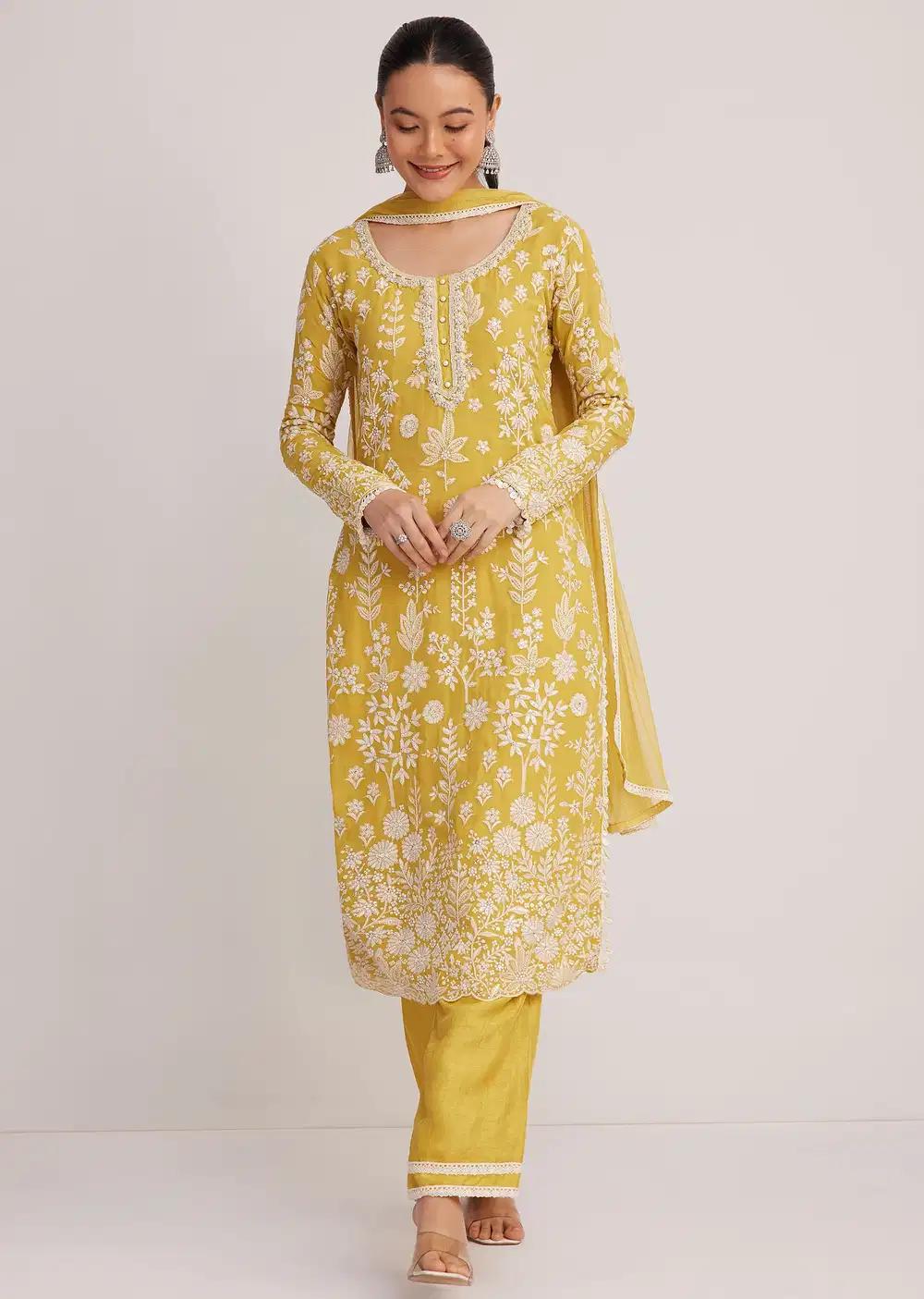 Yellow Embroidered Kurta Pant And Dupatta Ensemble Outfit