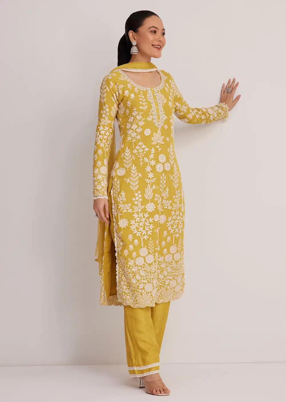 Yellow Embroidered Kurta Pant And Dupatta Ensemble Outfit