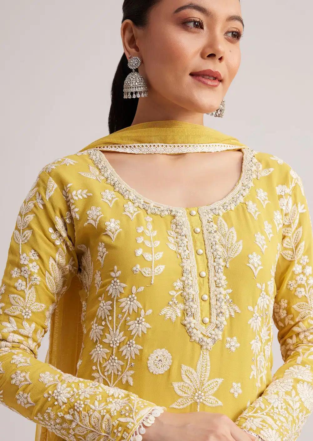 Yellow Embroidered Kurta Pant And Dupatta Ensemble Outfit