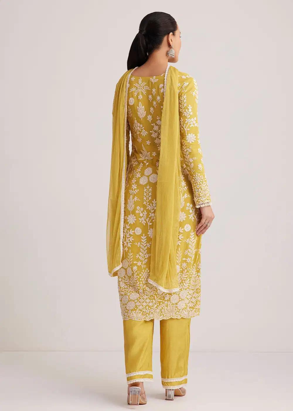 Yellow Embroidered Kurta Pant And Dupatta Ensemble Outfit