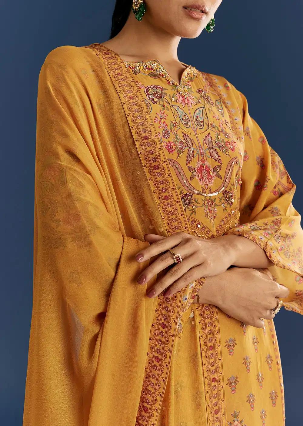 Yellow Printed Cutdana Work Kurta Dupatta Ensemble With Potli Bag Outfit