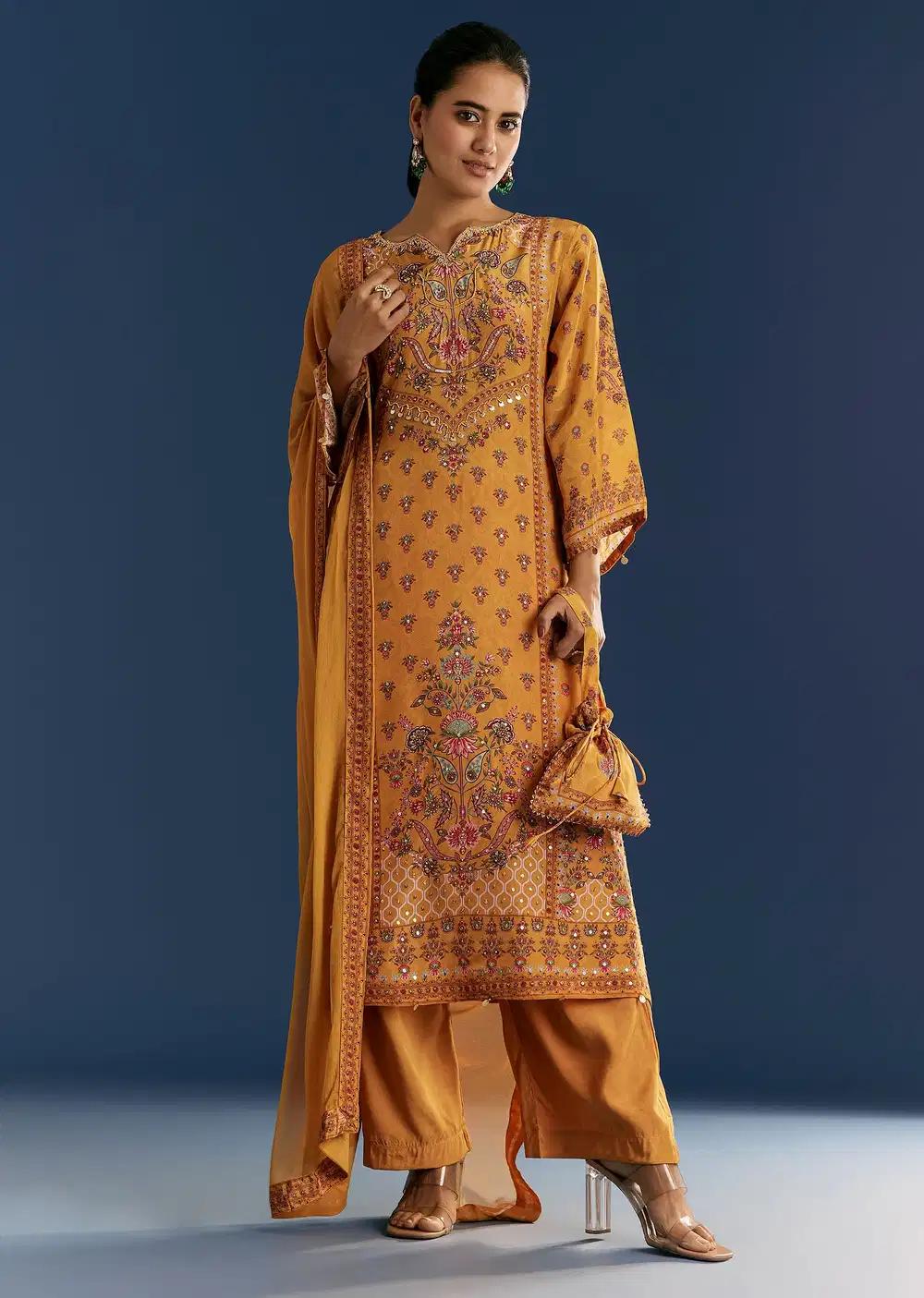 Yellow Printed Cutdana Work Kurta Dupatta Ensemble With Potli Bag Outfit