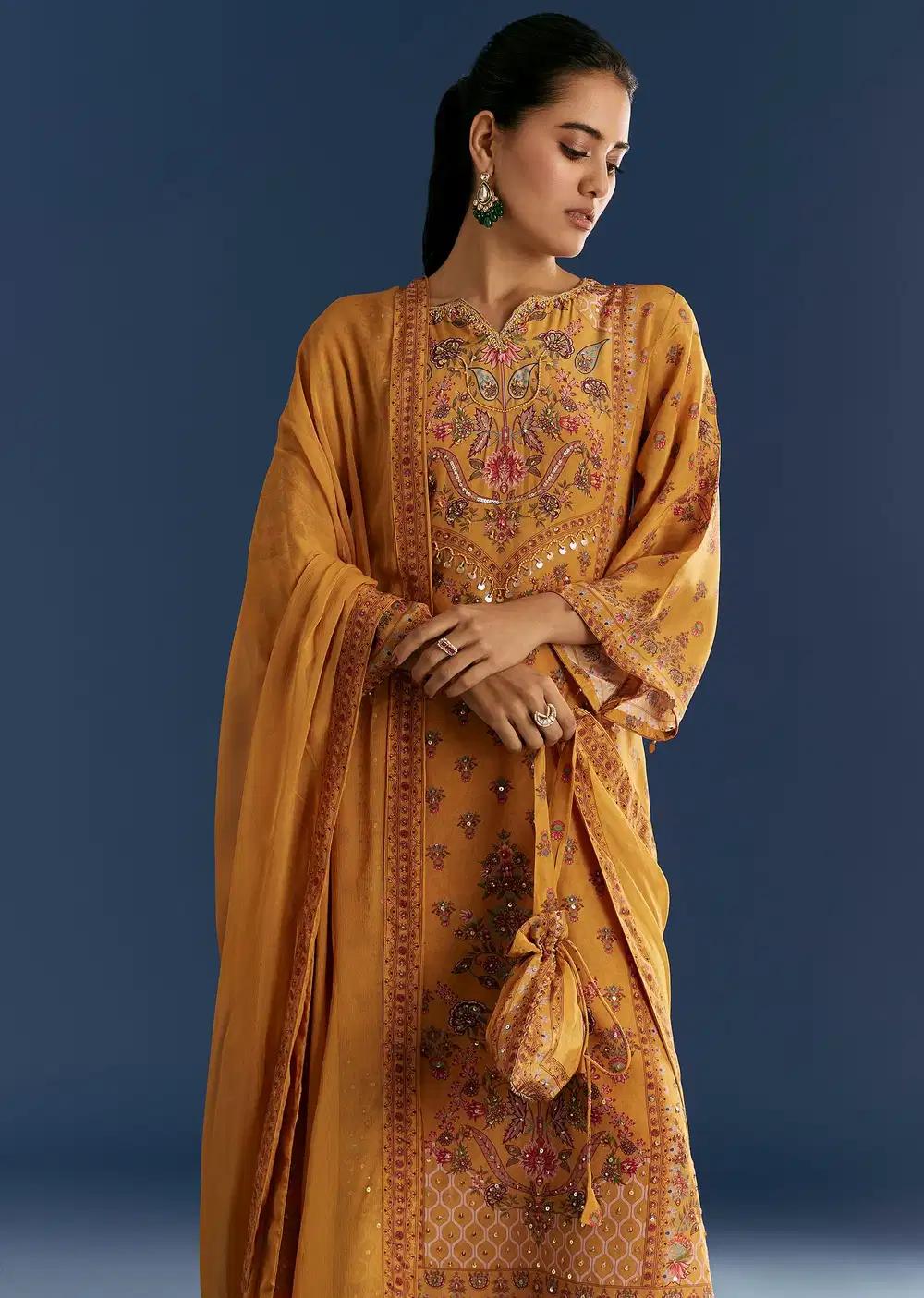 Yellow Printed Cutdana Work Kurta Dupatta Ensemble With Potli Bag Outfit