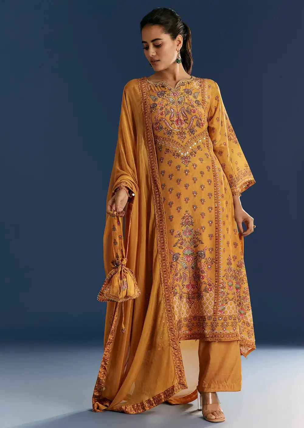 Yellow Printed Cutdana Work Kurta Dupatta Ensemble With Potli Bag Outfit