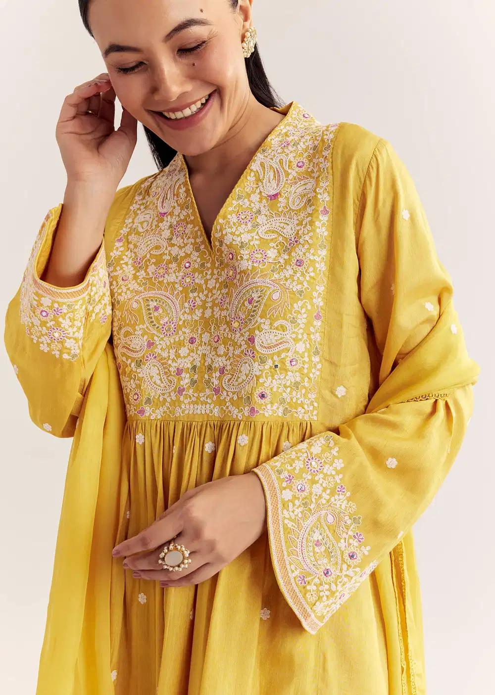 Yellow Silk Kurta Ensemble With Thread Work And Organza Dupatta Outfit