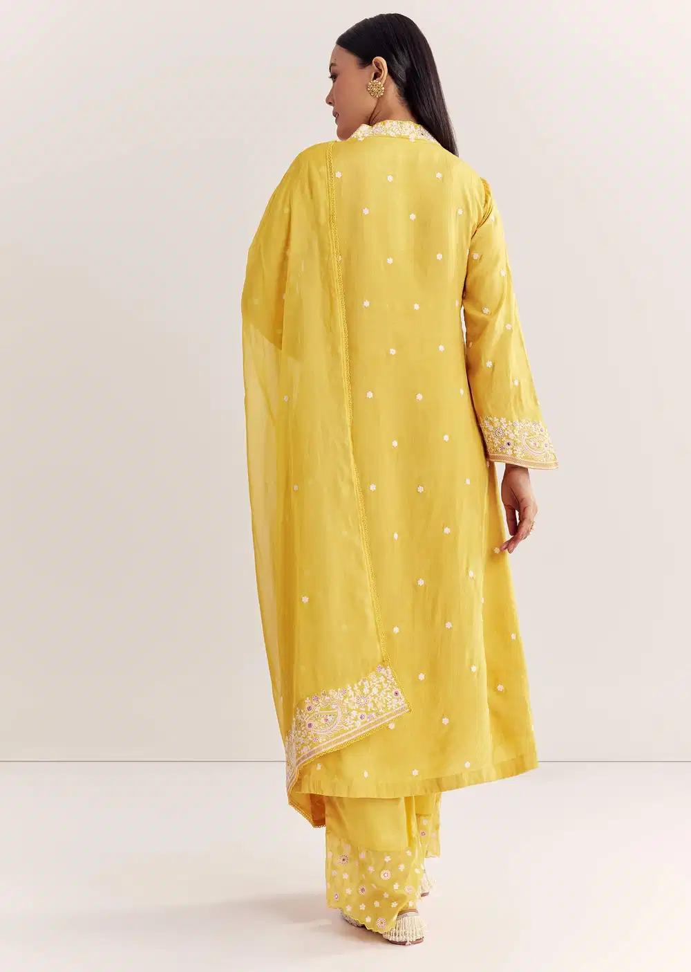 Yellow Silk Kurta Ensemble With Thread Work And Organza Dupatta Outfit