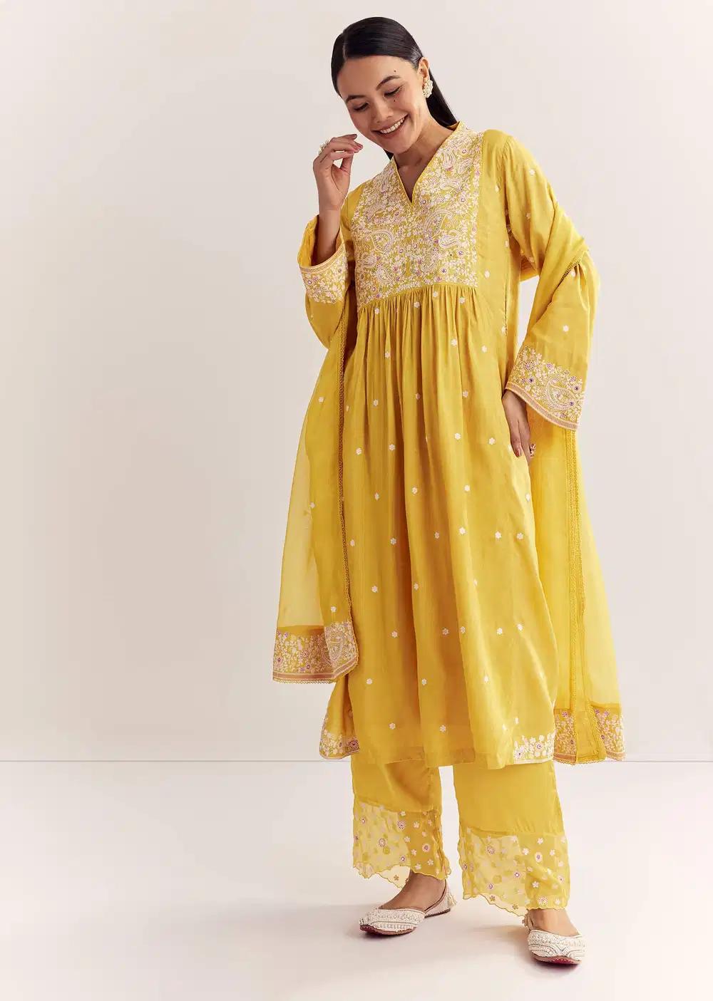 Yellow Silk Kurta Ensemble With Thread Work And Organza Dupatta Outfit