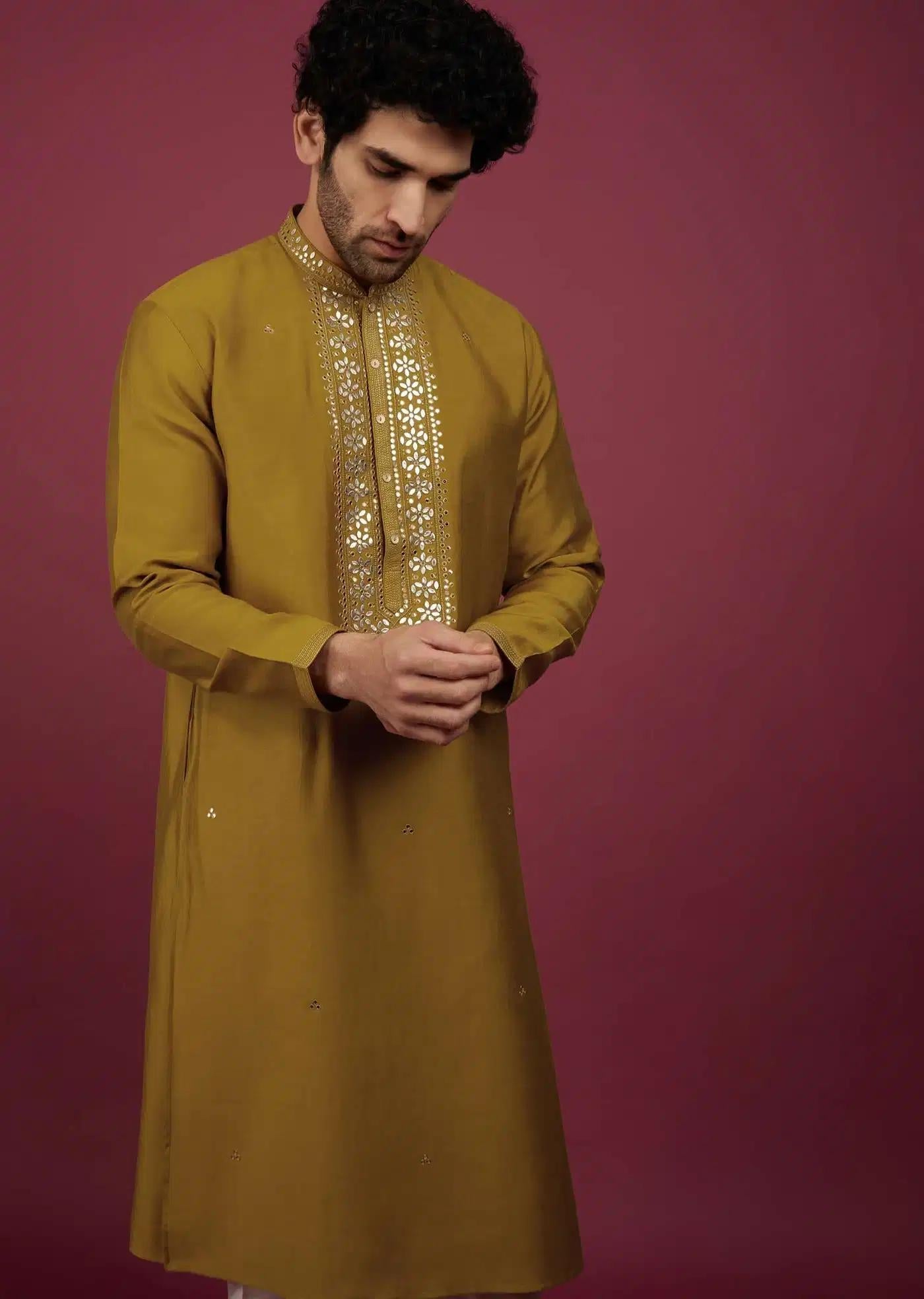 Yellow Silk Kurta Set In Leather Work On Yoke Elegant Designer Kurta Sets