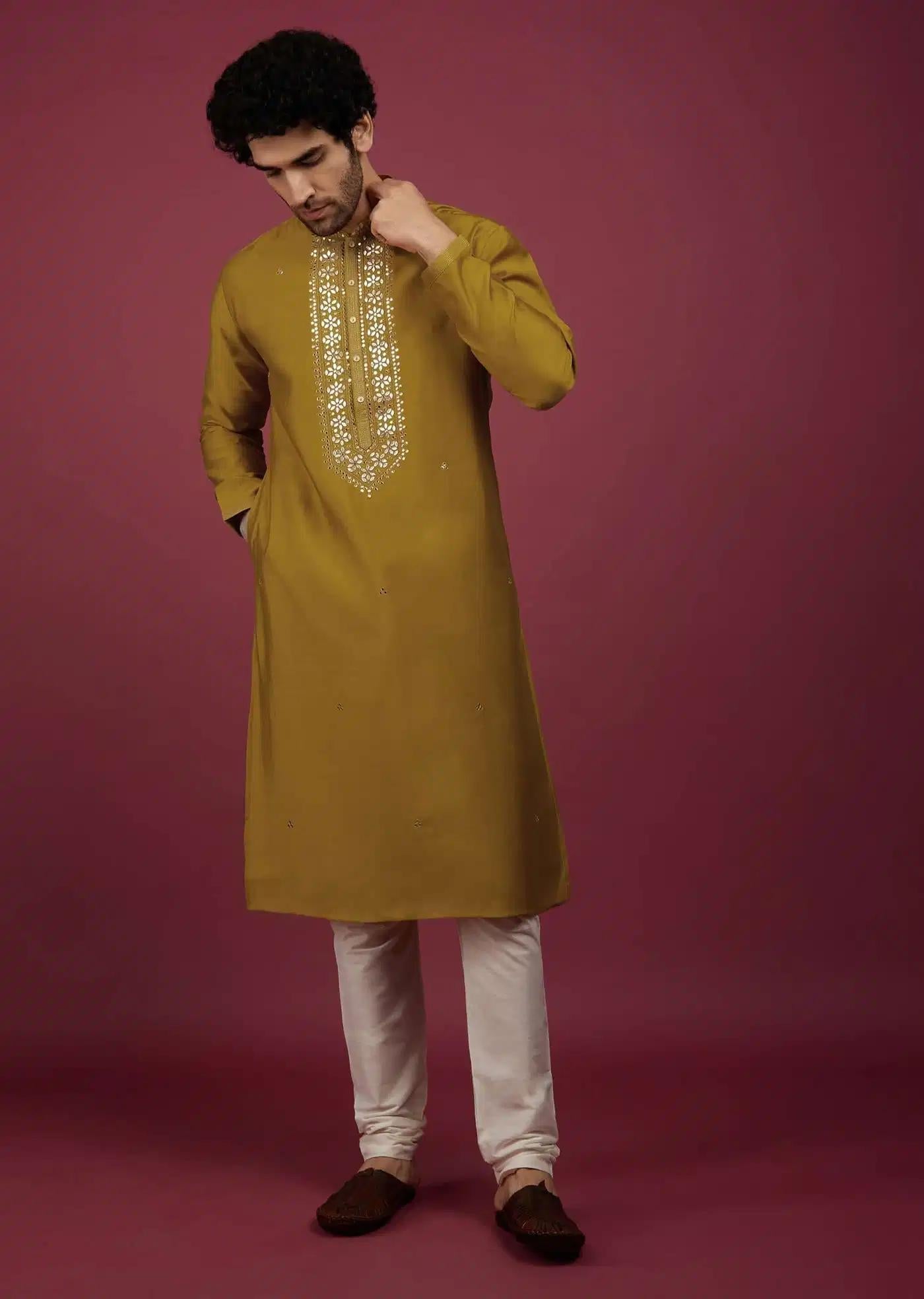 Yellow Silk Kurta Set In Leather Work On Yoke Elegant Designer Kurta Sets