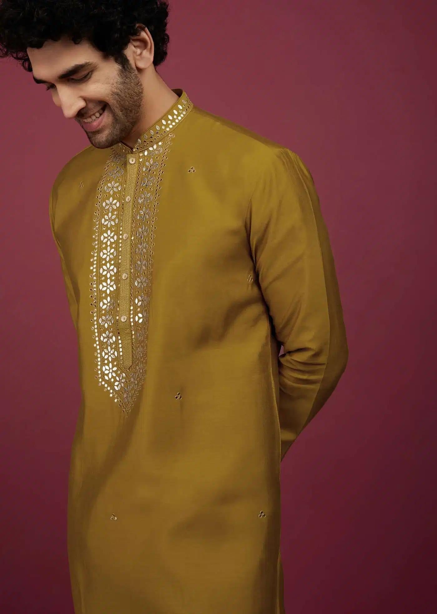 Yellow Silk Kurta Set In Leather Work On Yoke Elegant Designer Kurta Sets