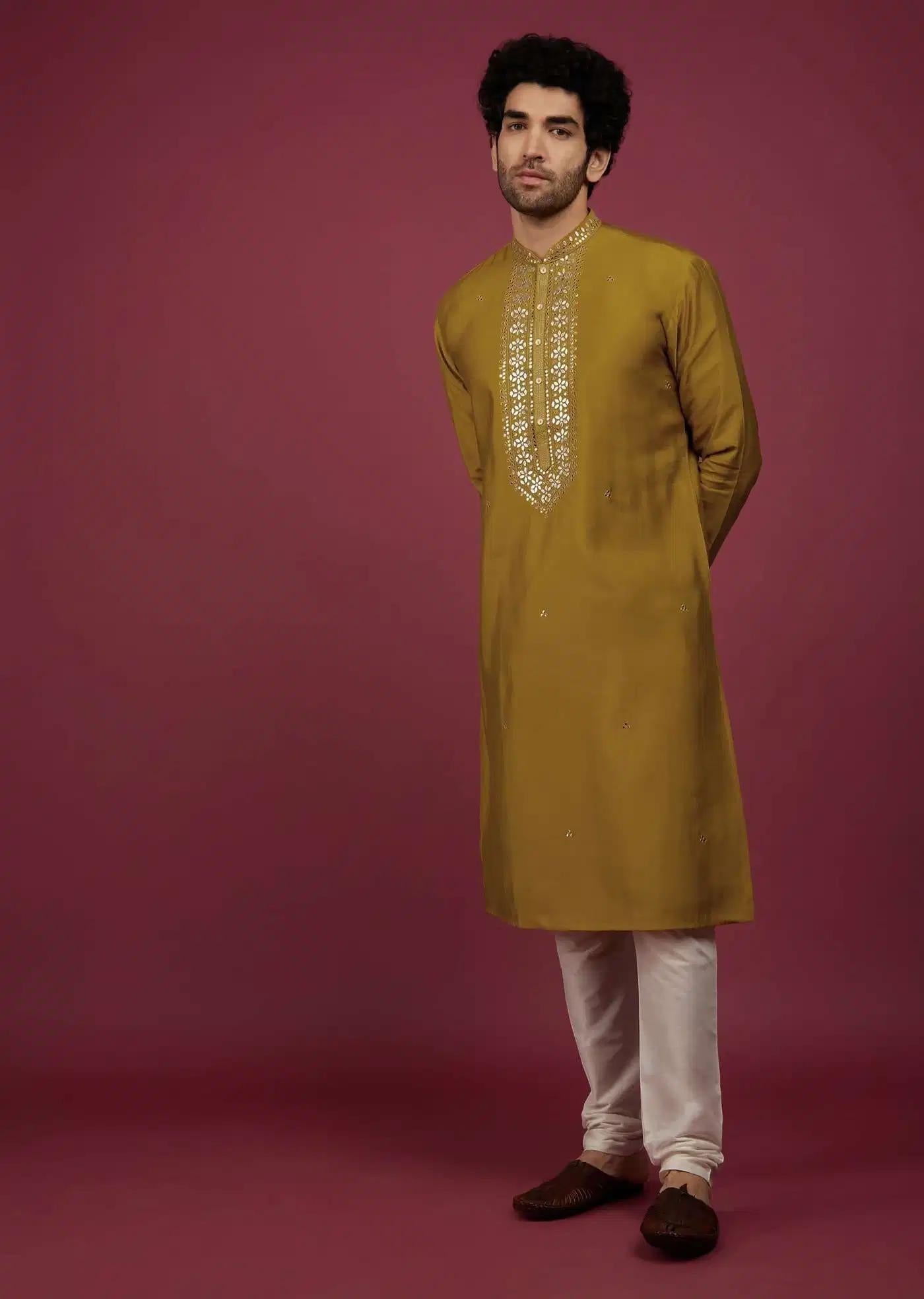 Yellow Silk Kurta Set In Leather Work On Yoke Elegant Designer Kurta Sets